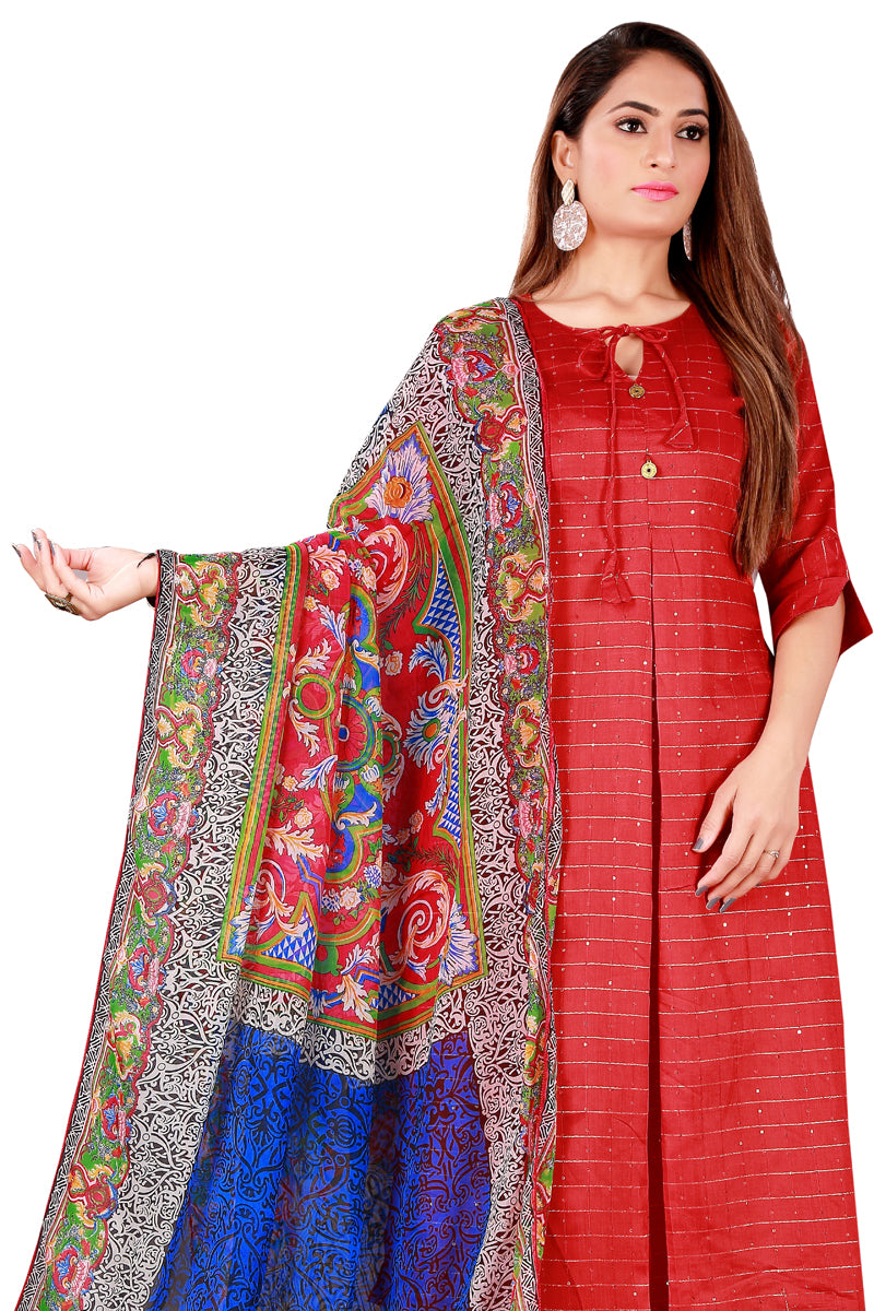 Blue Color Kalamkari And Floral Printed Chiffon Dupatta With Tassels