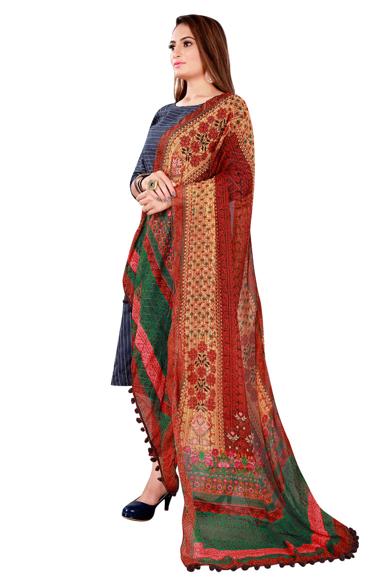 Maroon Color Kalamkari And Floral Printed Chiffon Dupatta With Tassels