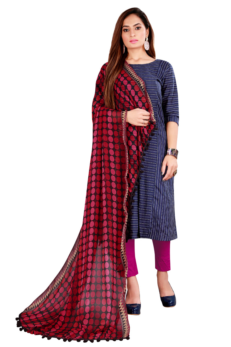 Rani Color Kalamkari And Floral Printed Chiffon Dupatta With Tassels