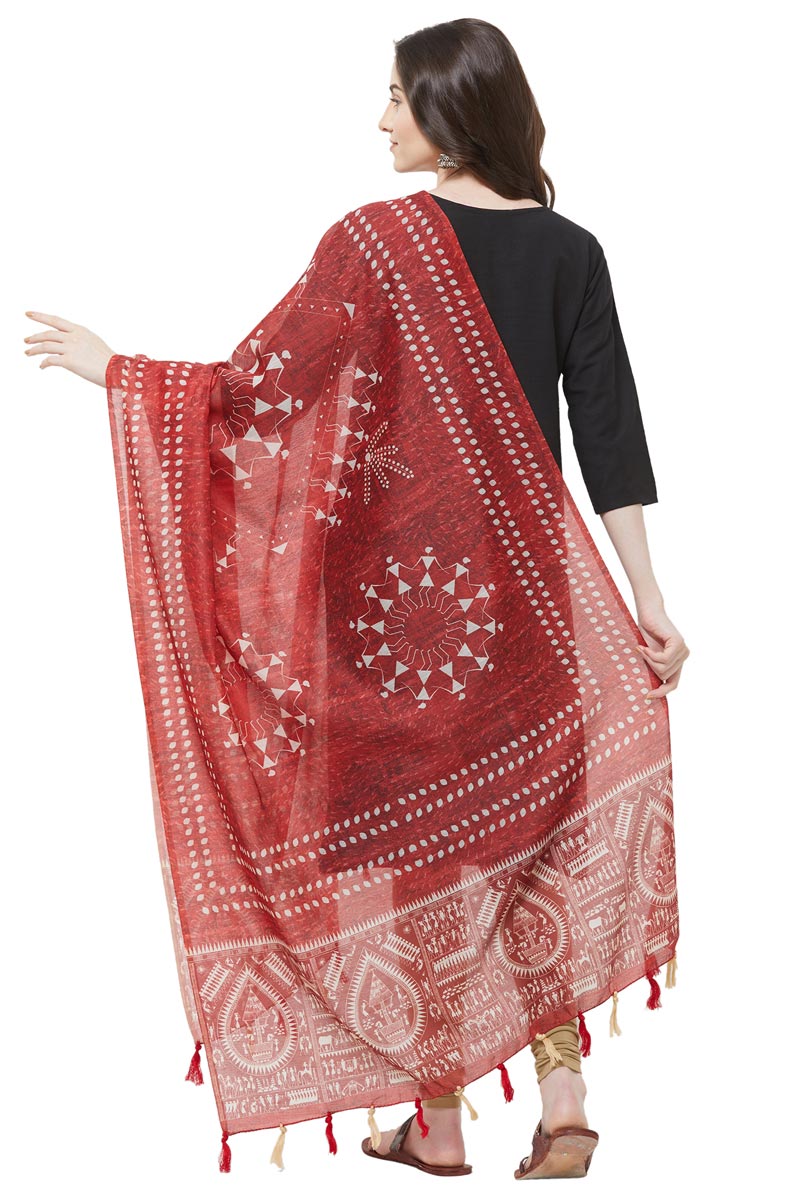 Maroon Color Ethnic Warli Digital Print Chanderi Silk Dupatta For Women