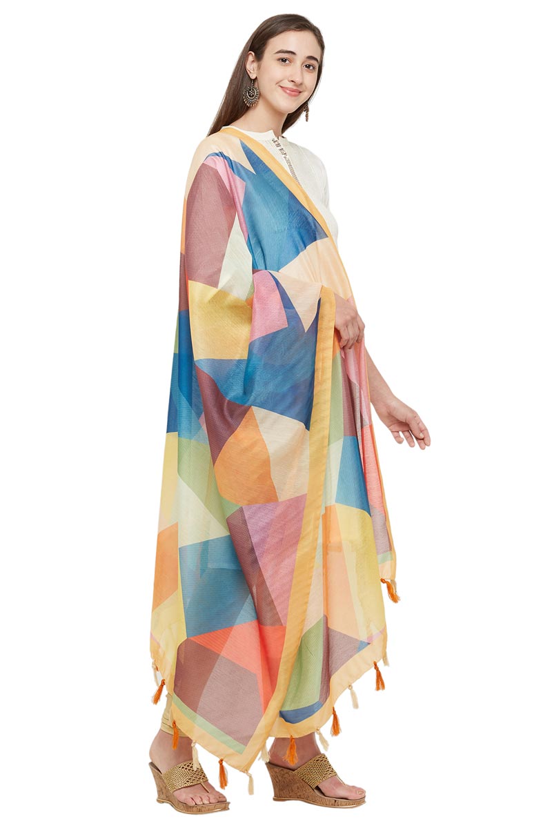 Multi Color Geometric Digital Print Chanderi Silk Dupatta For Women