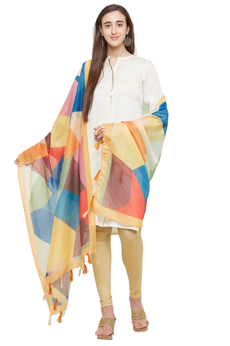 Multi Color Geometric Digital Print Chanderi Silk Dupatta For Women