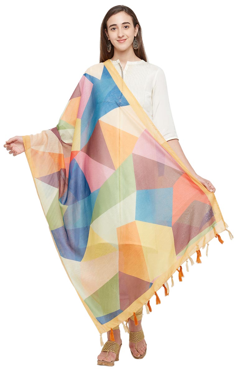 Multi Color Geometric Digital Print Chanderi Silk Dupatta For Women