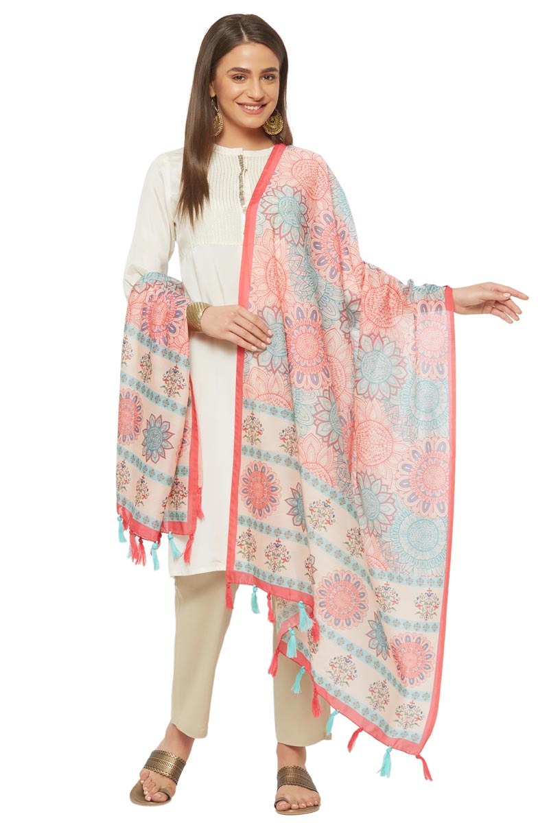 Pink Color Geometric Floral Digital Print Chanderi Silk Dupatta For Women