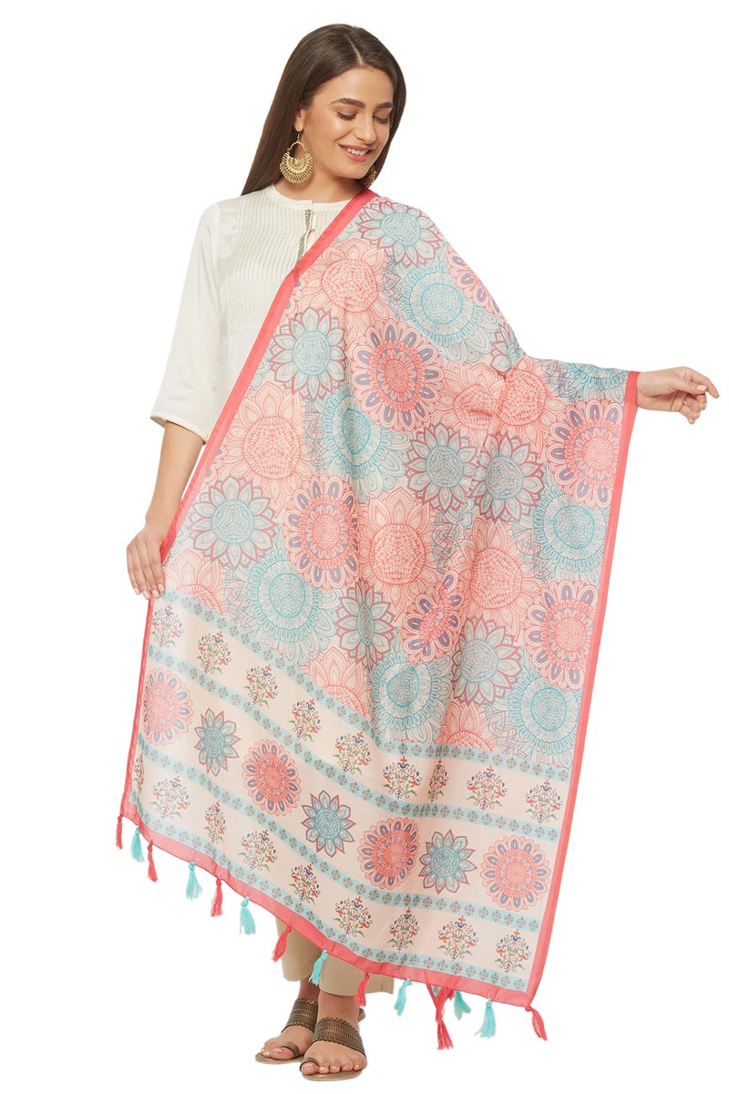 Pink Color Geometric Floral Digital Print Chanderi Silk Dupatta For Women