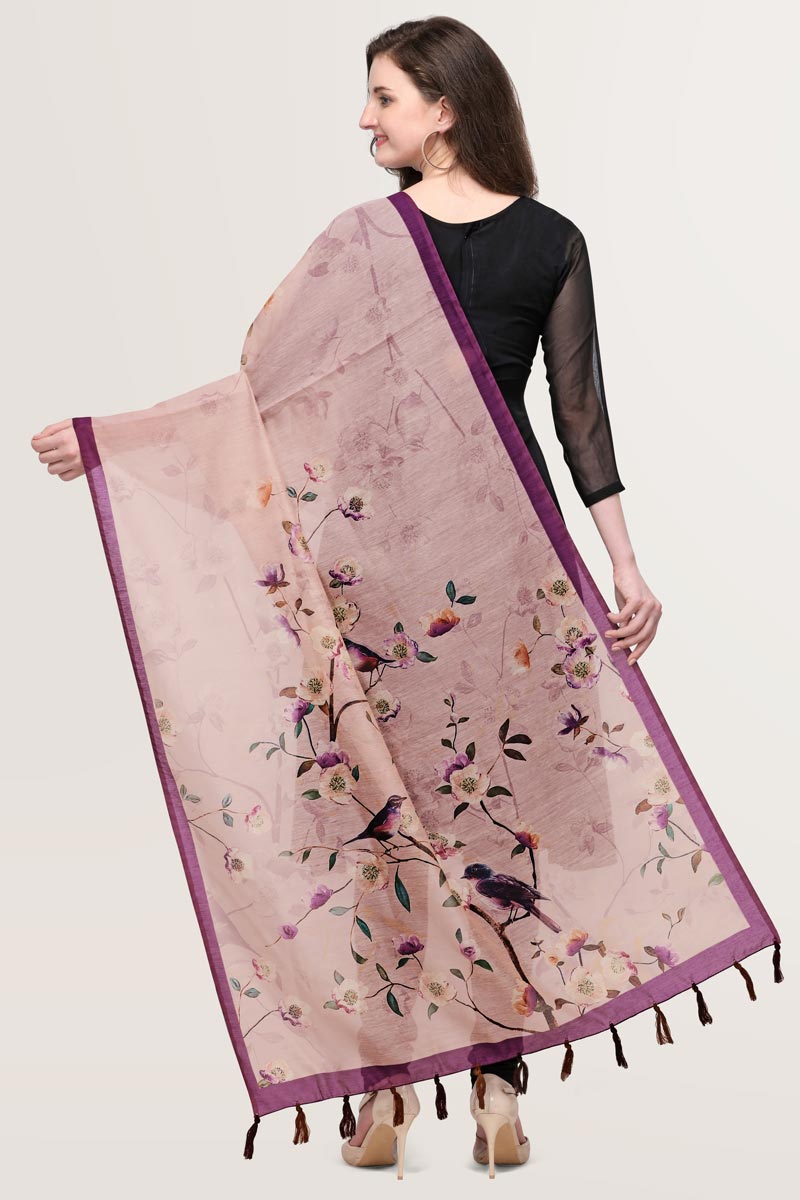 Pinkish Purple Color Floral Bird Digital Print Chanderi Silk Dupatta
