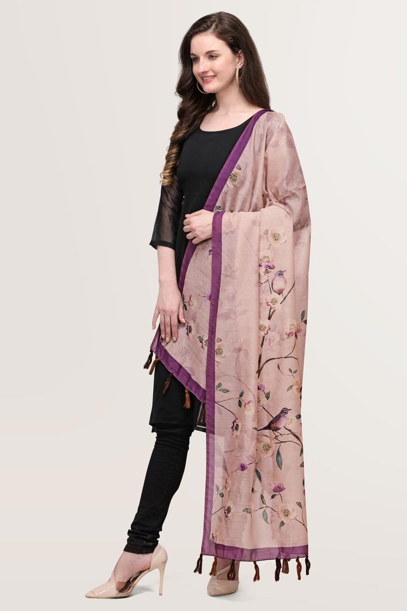 Pinkish Purple Color Floral Bird Digital Print Chanderi Silk Dupatta
