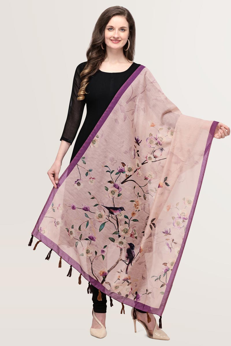 Pinkish Purple Color Floral Bird Digital Print Chanderi Silk Dupatta