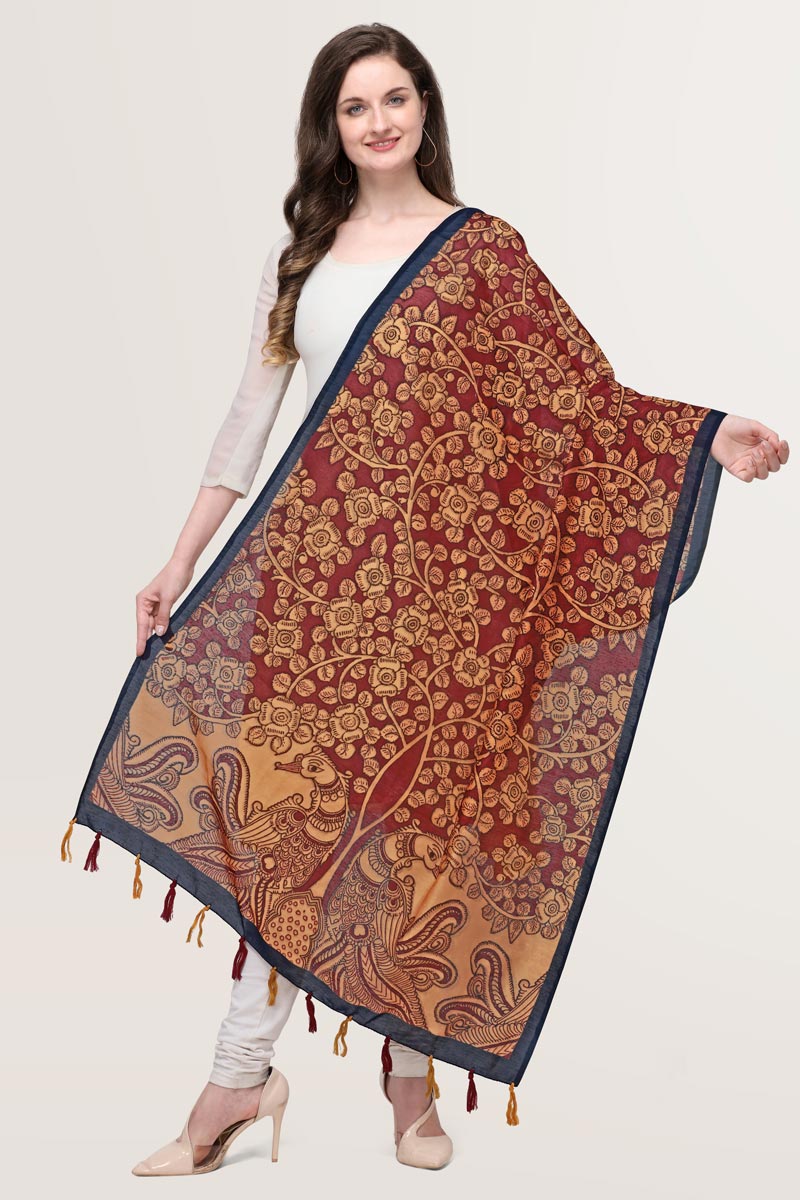 Maroon Color Kalamkari Digital Print Chanderi Silk Dupatta