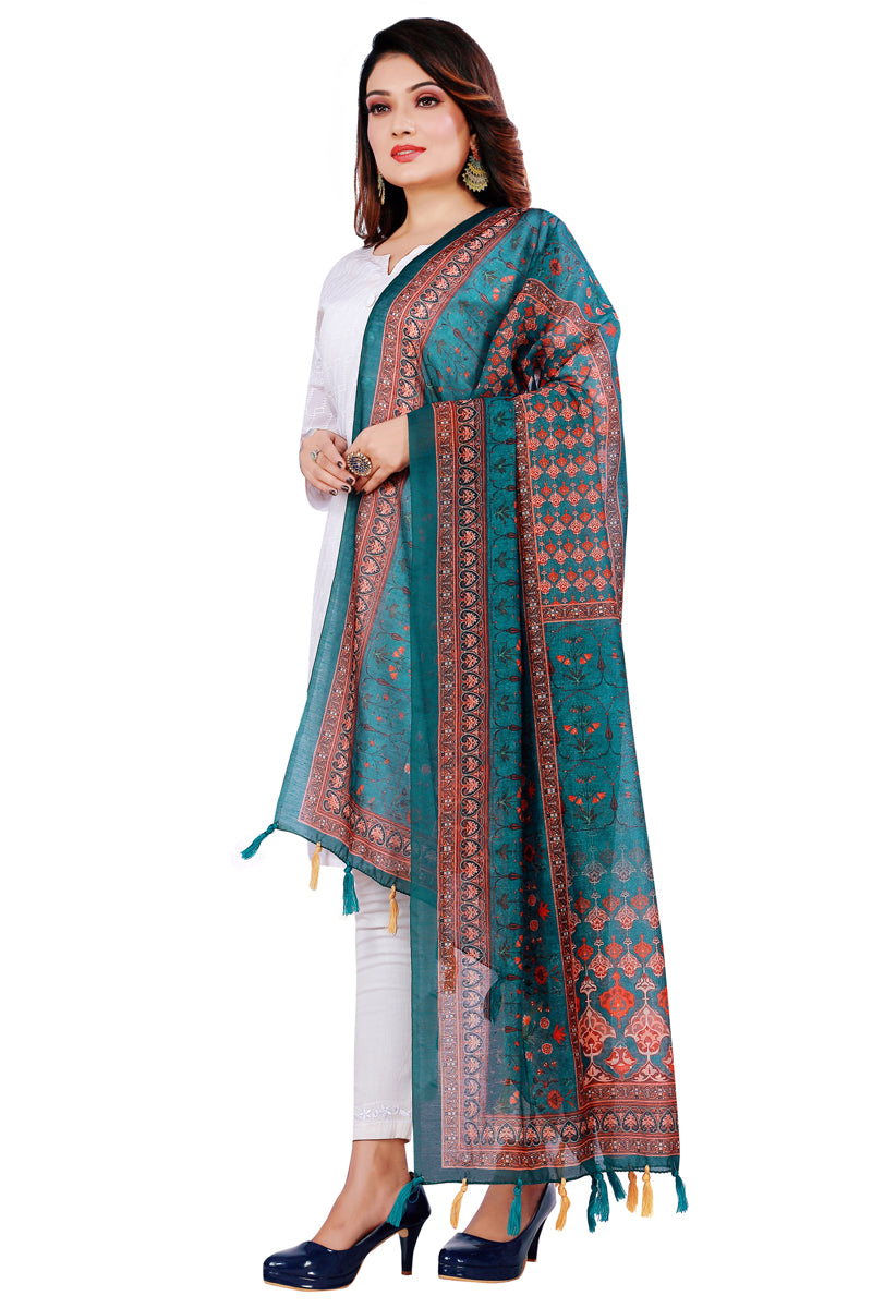 Teal Blue Ethnic Digital Printed Chanderi Silk Dupatta For Women