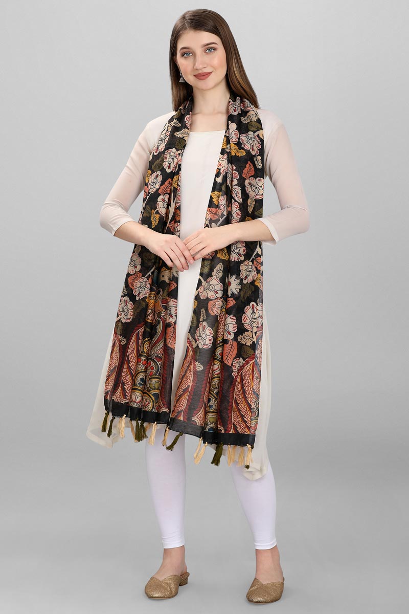 Black Color Kalamkari Floral Digital Printed Chanderi Silk Dupatta
