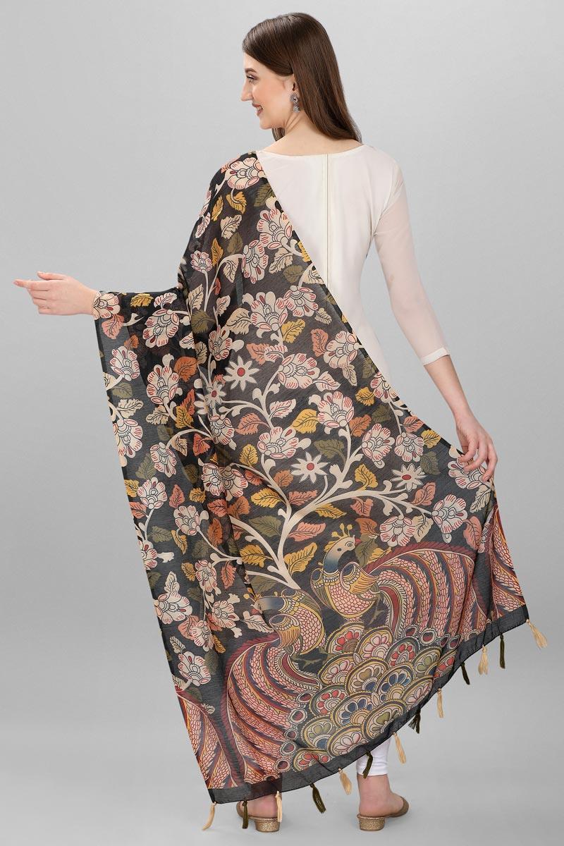 Black Color Kalamkari Floral Digital Printed Chanderi Silk Dupatta