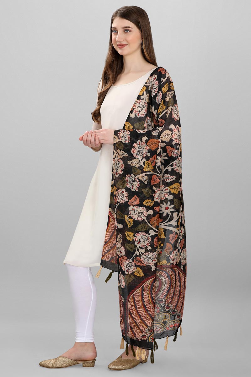 Black Color Kalamkari Floral Digital Printed Chanderi Silk Dupatta