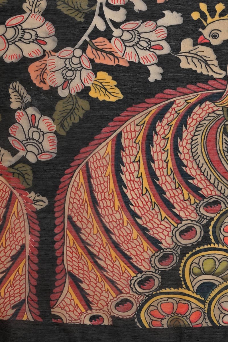 Black Color Kalamkari Floral Digital Printed Chanderi Silk Dupatta
