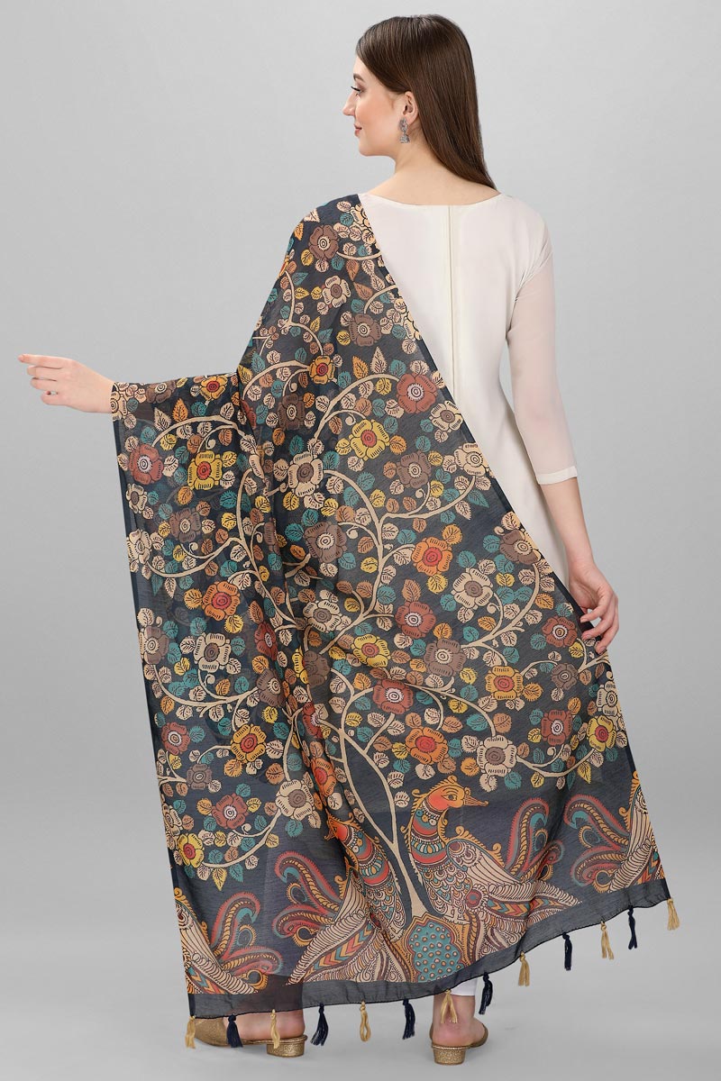 Navy Blue Color Kalamkari Floral Print Chanderi Silk Dupatta