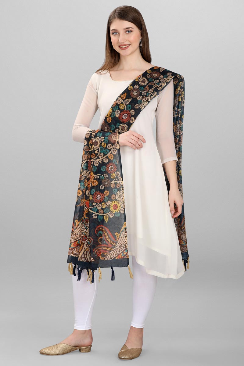 Navy Blue Color Kalamkari Floral Print Chanderi Silk Dupatta