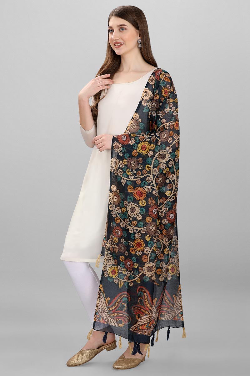 Navy Blue Color Kalamkari Floral Print Chanderi Silk Dupatta