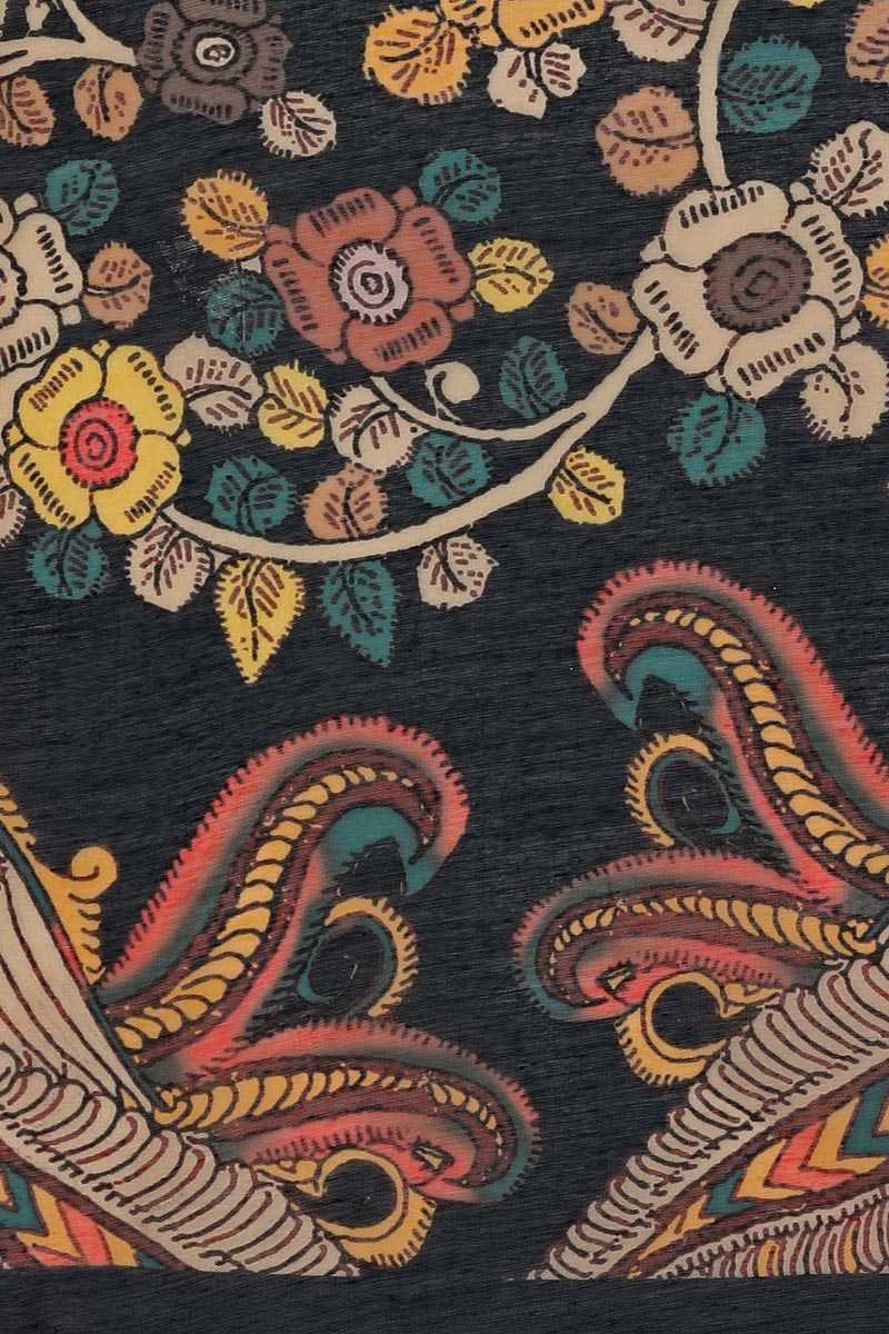 Navy Blue Color Kalamkari Floral Print Chanderi Silk Dupatta