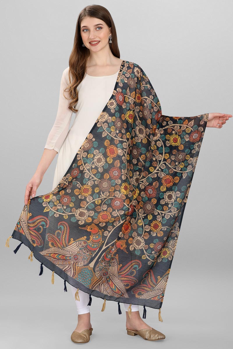 Navy Blue Color Kalamkari Floral Print Chanderi Silk Dupatta