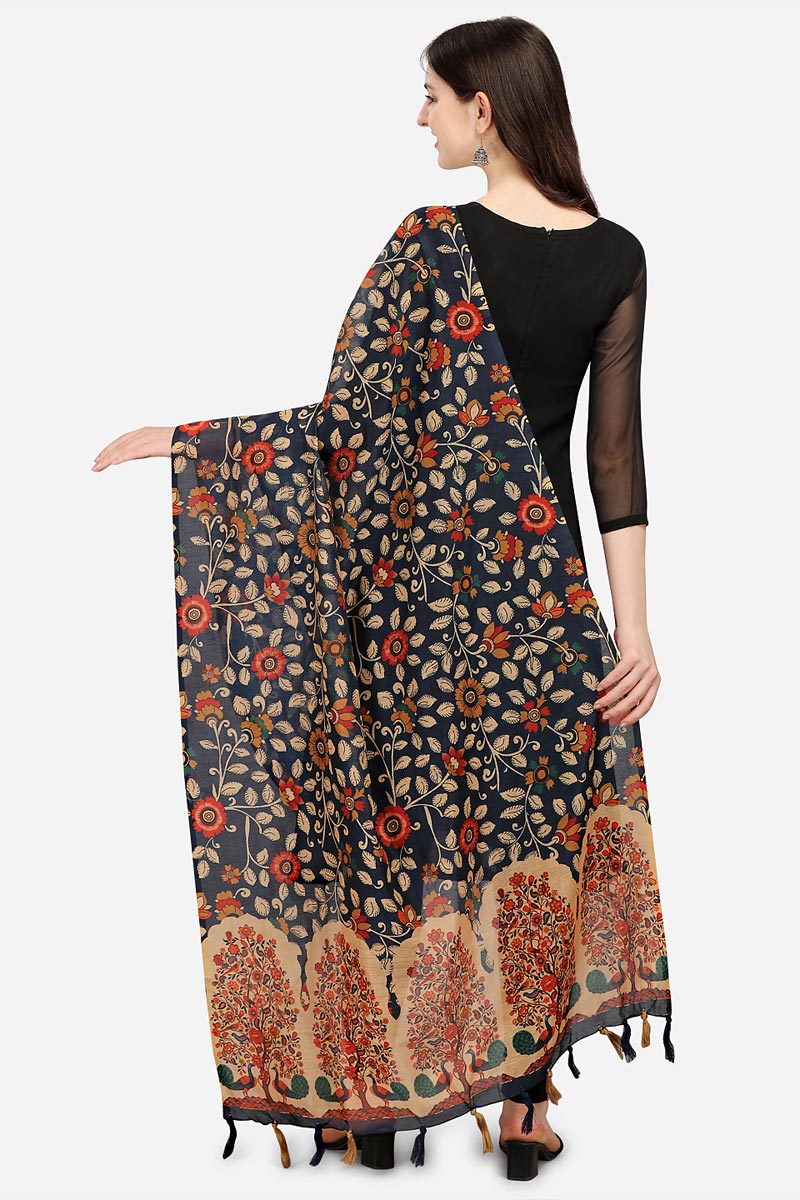 Navy Blue Color Kalamkari And Floral Digital Printed Chanderi Silk Dupatta For Women