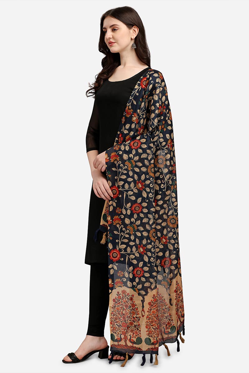 Navy Blue Color Kalamkari And Floral Digital Printed Chanderi Silk Dupatta For Women