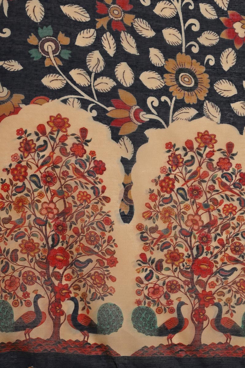 Navy Blue Color Kalamkari And Floral Digital Printed Chanderi Silk Dupatta For Women