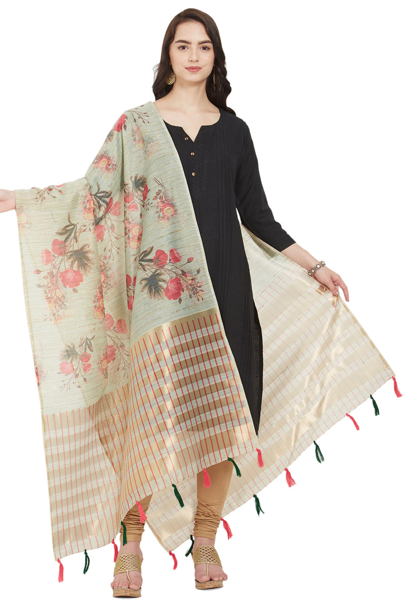Beige and Red Color Floral Printed Cotton Silk Dupatta