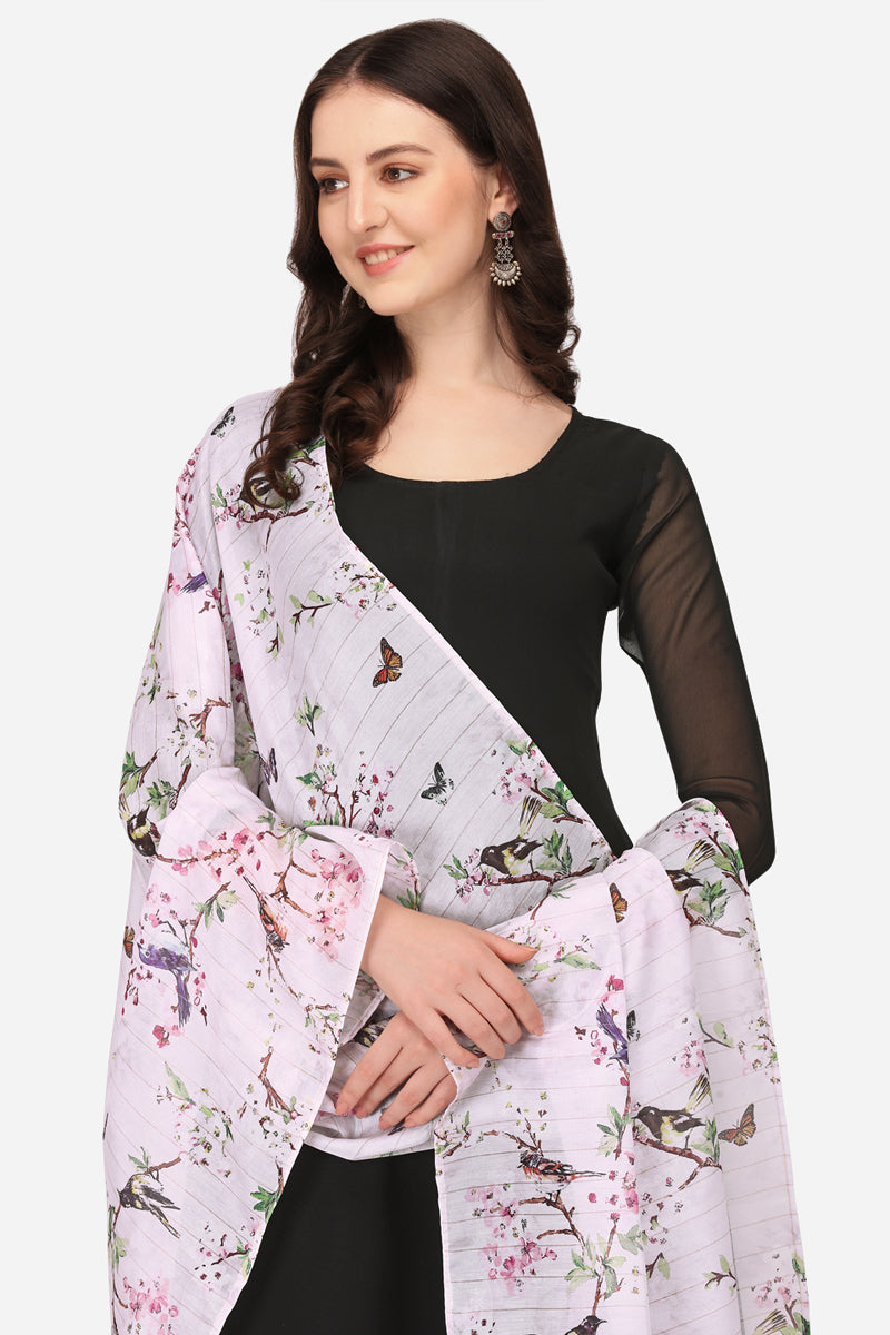 White Floral Digital Printed Zari Silk Dupatta