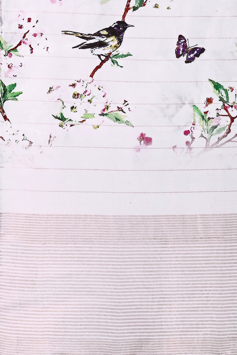 White Floral Digital Printed Zari Silk Dupatta
