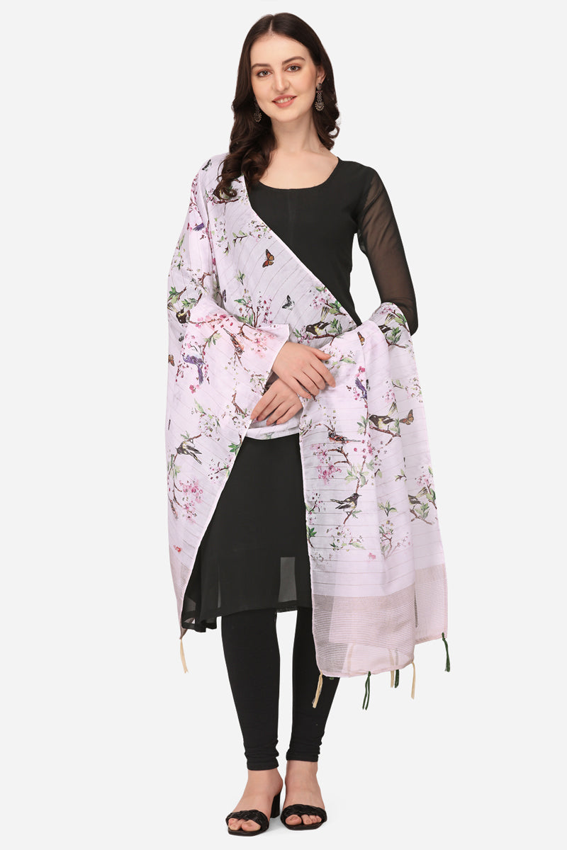 White Floral Digital Printed Zari Silk Dupatta