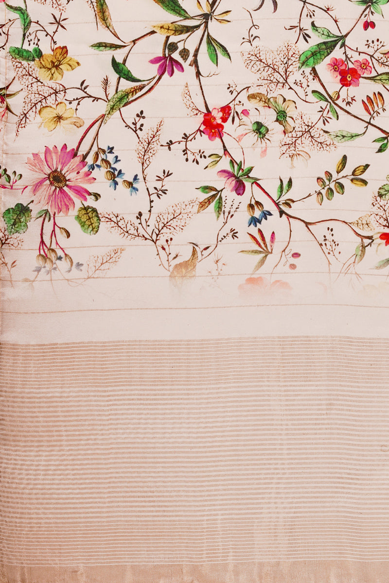 Peach Color Floral Digital Printed Zari Silk Dupatta