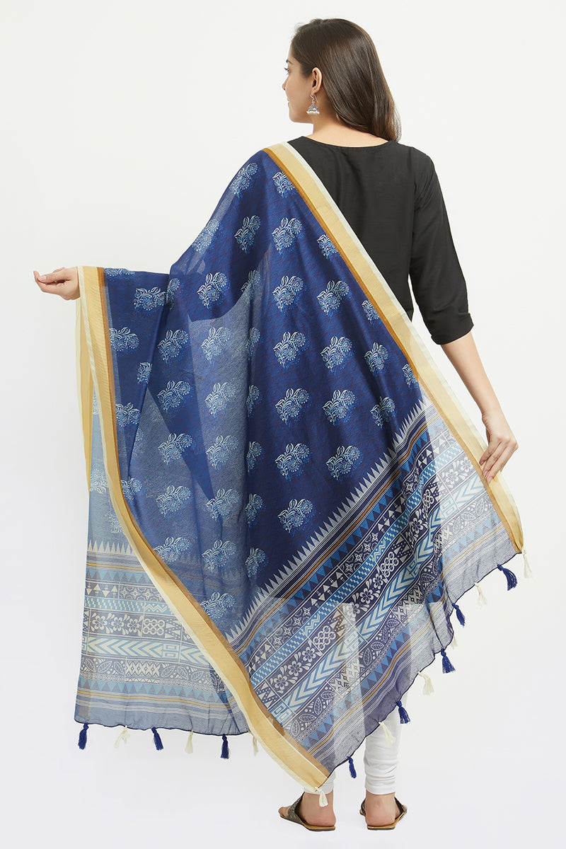 Digital Indigo Block Print Chanderi Silk Dupatta