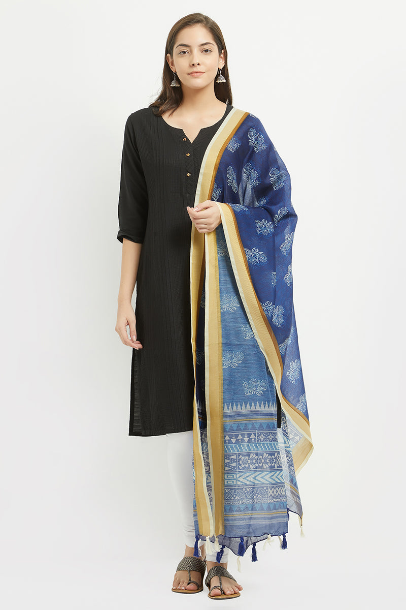 Digital Indigo Block Print Chanderi Silk Dupatta