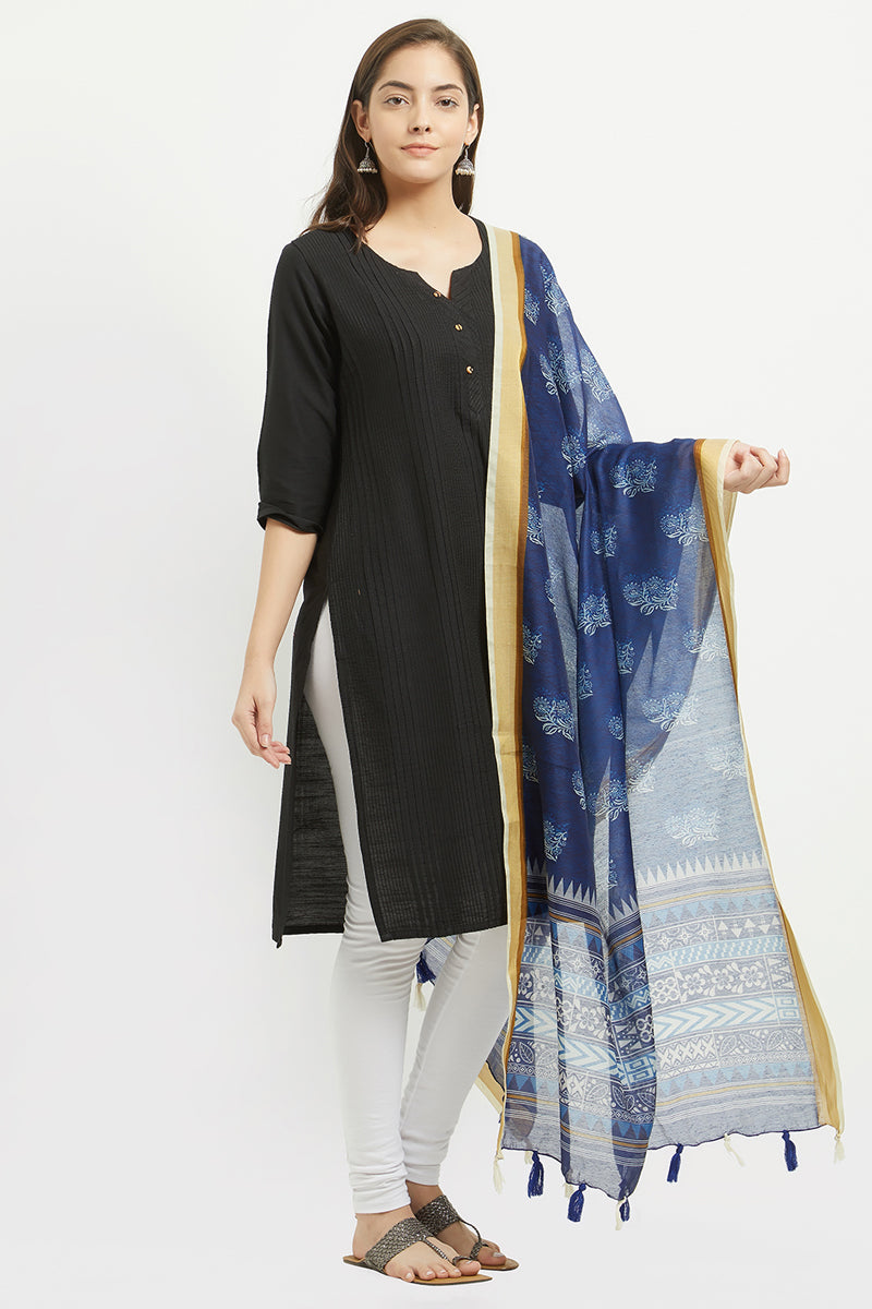 Digital Indigo Block Print Chanderi Silk Dupatta
