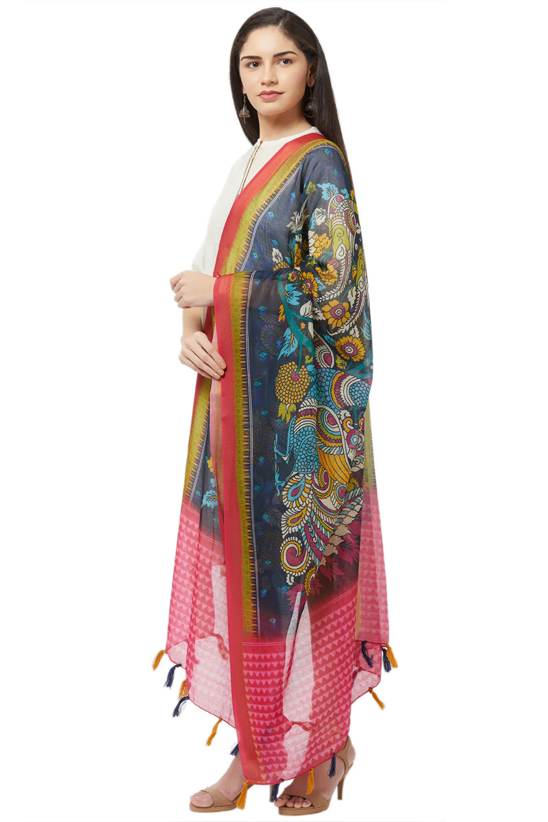 Kalamkari Print Blue And Pink Chanderi Silk Dupatta