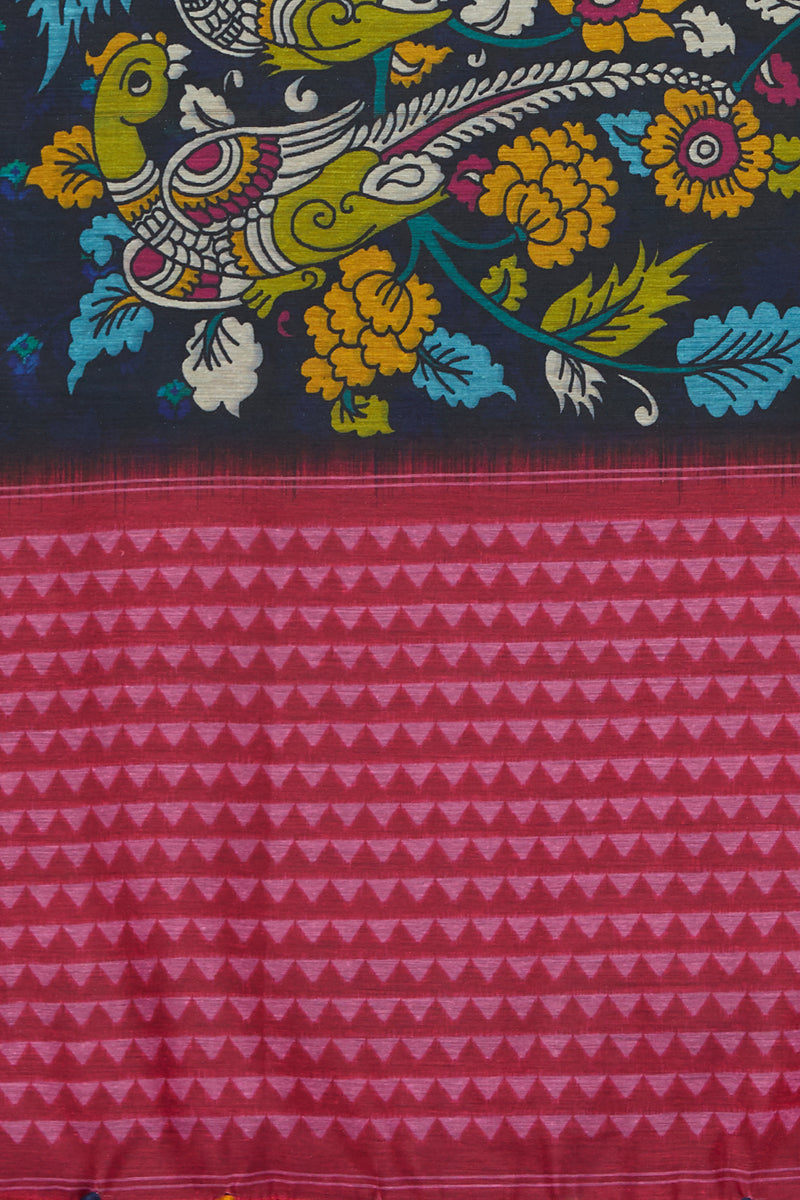Kalamkari Print Blue And Pink Chanderi Silk Dupatta