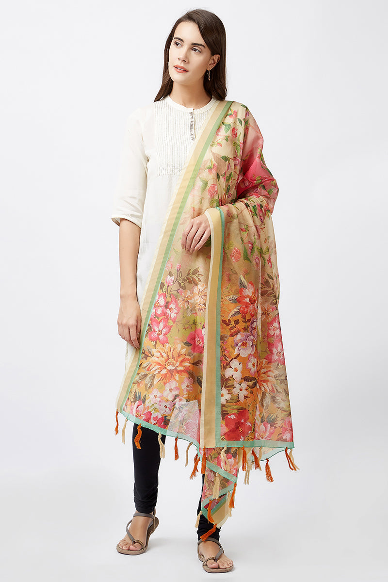 Beige Color Digital Floral Print Chanderi Silk Dupatta