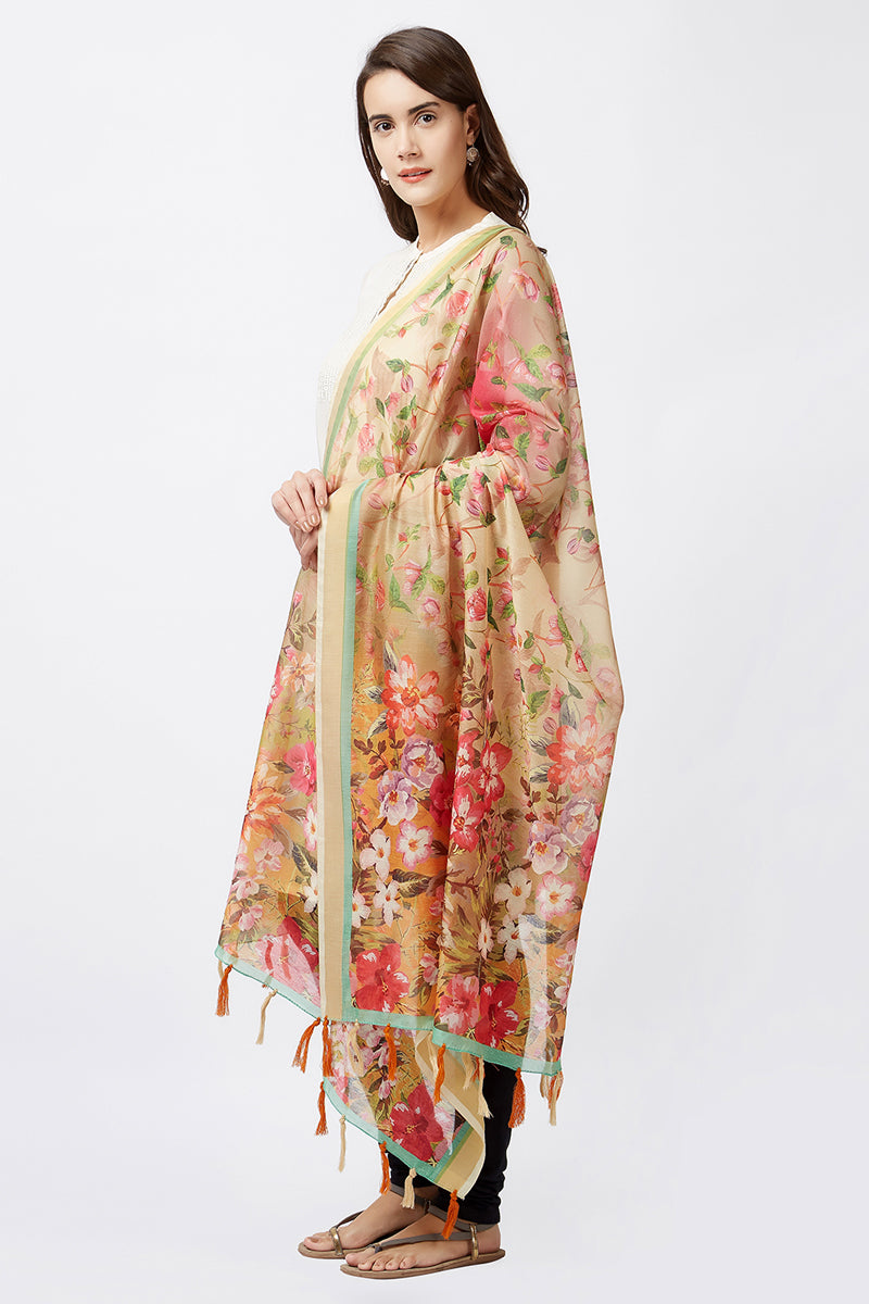 Beige Color Digital Floral Print Chanderi Silk Dupatta