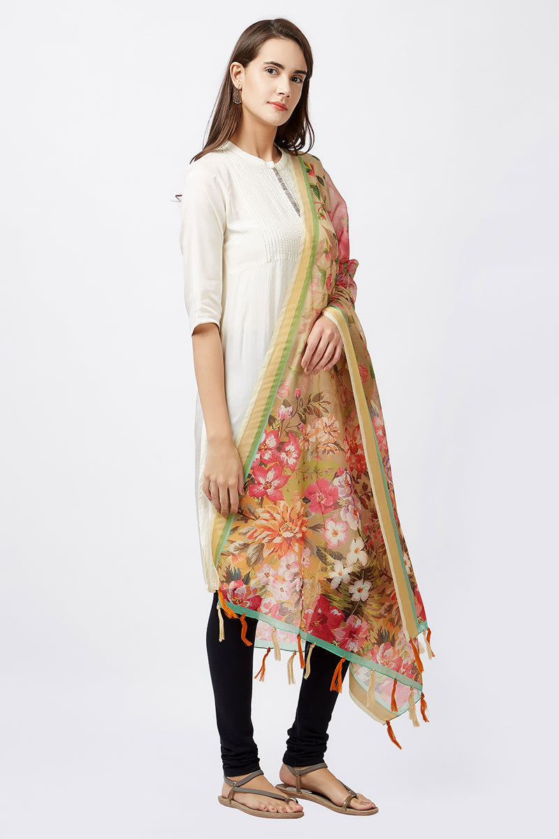 Beige Color Digital Floral Print Chanderi Silk Dupatta
