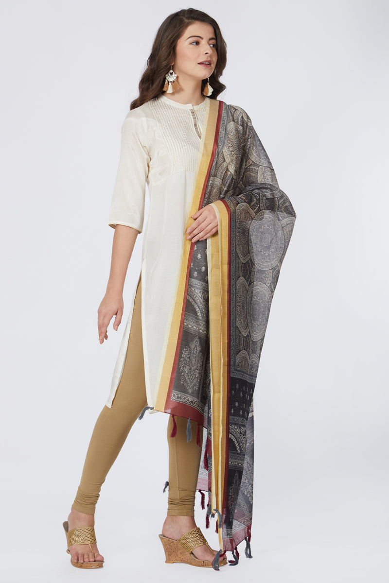 Black And White Mandala Digital Print Chanderi Silk Dupatta