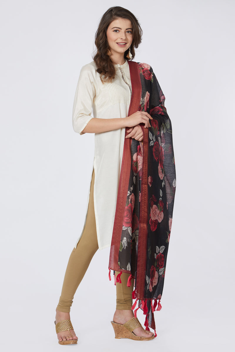 Digital Floral Rose Print Chanderi Silk Dupatta