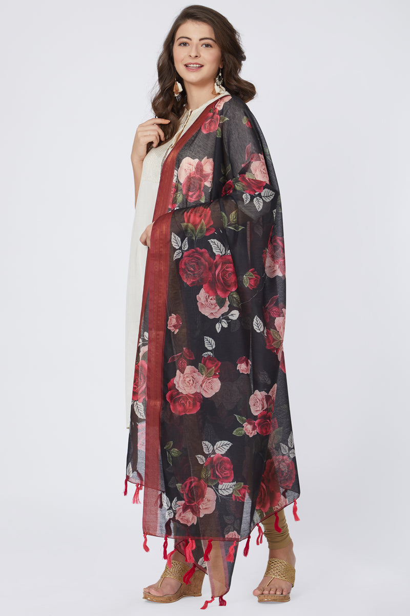 Digital Floral Rose Print Chanderi Silk Dupatta