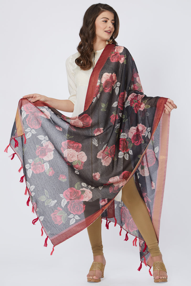 Digital Floral Rose Print Chanderi Silk Dupatta