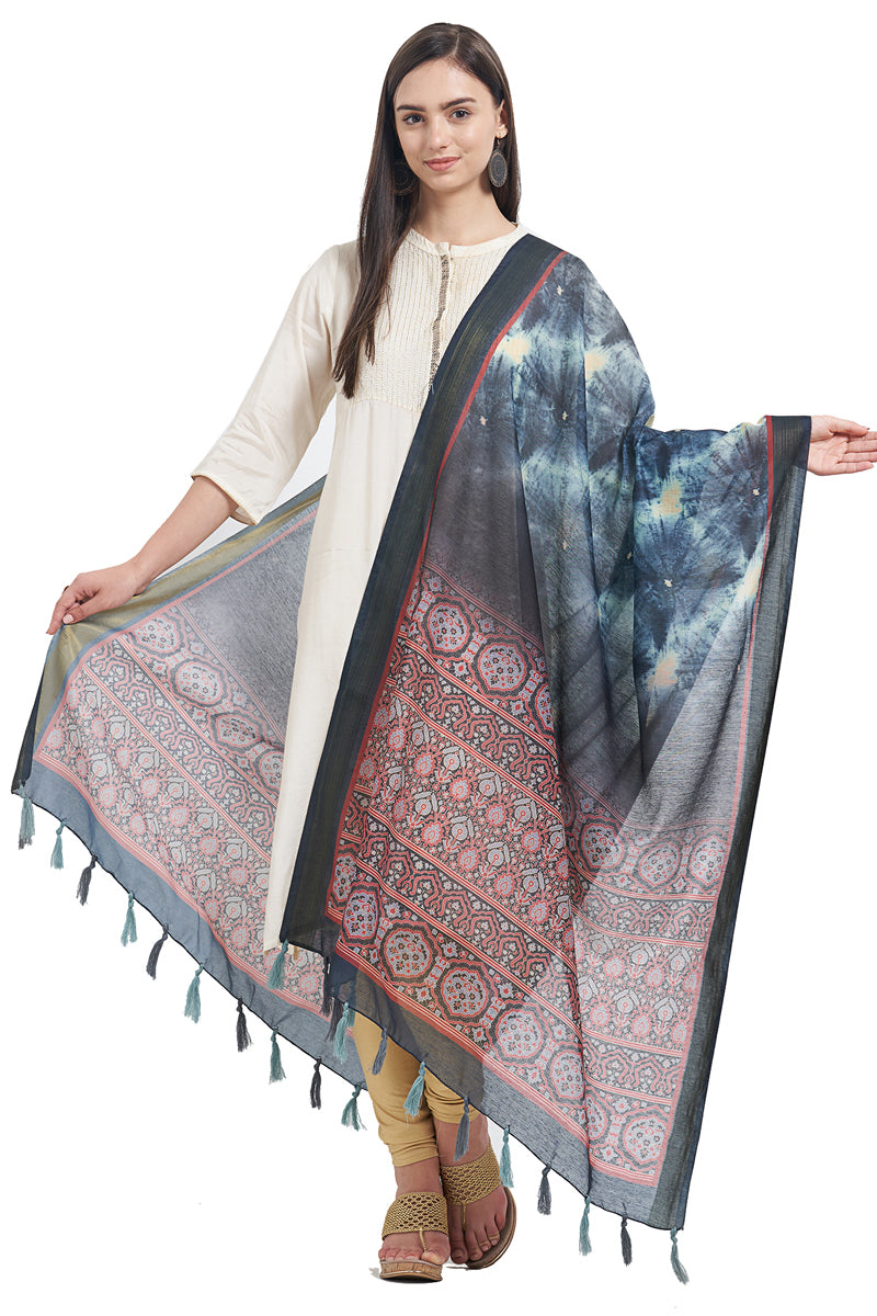 Indigo Tie And Dye Digital Print Chanderi Silk Dupatta