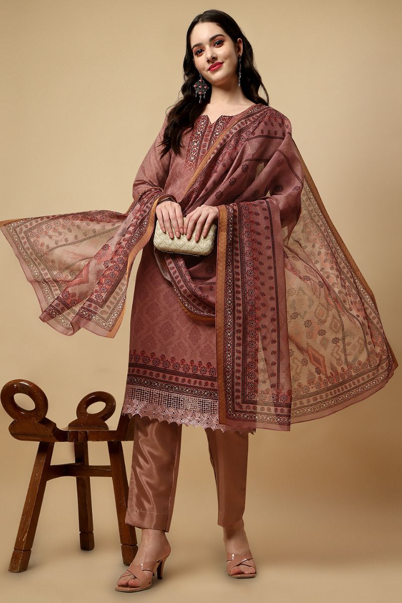 Brown Chanderi Silk Digital Printed Unstitched Salwar Suit