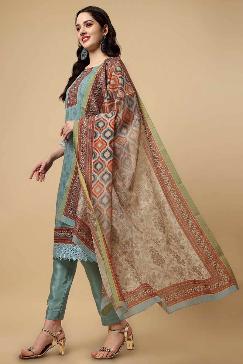 Turquoise Green Chanderi Silk Digital Printed Unstitched Salwar Suit
