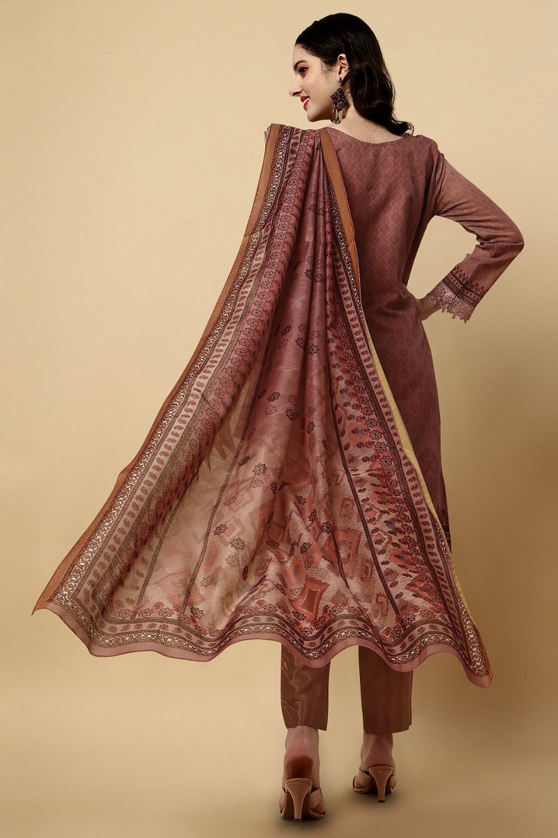 Brown Chanderi Silk Digital Printed Unstitched Salwar Suit