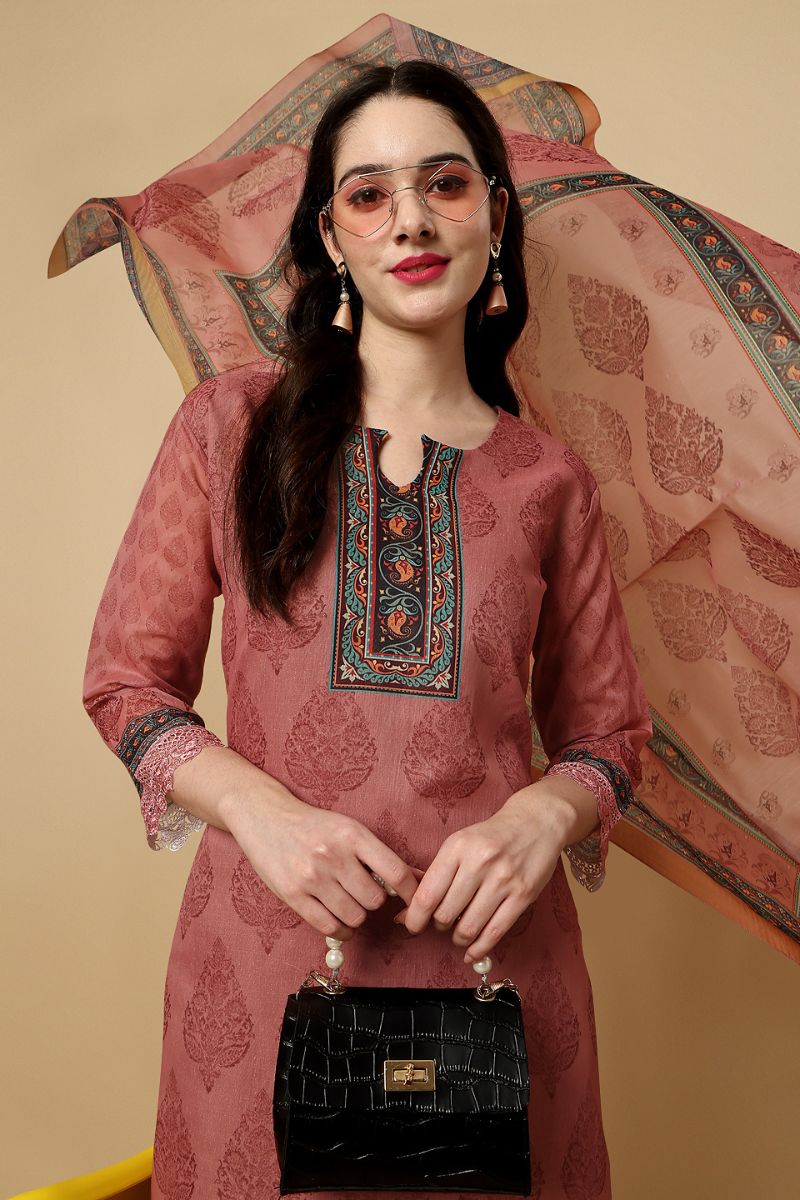Dark Peach Chanderi Silk Digital Printed Unstitched Salwar Suit