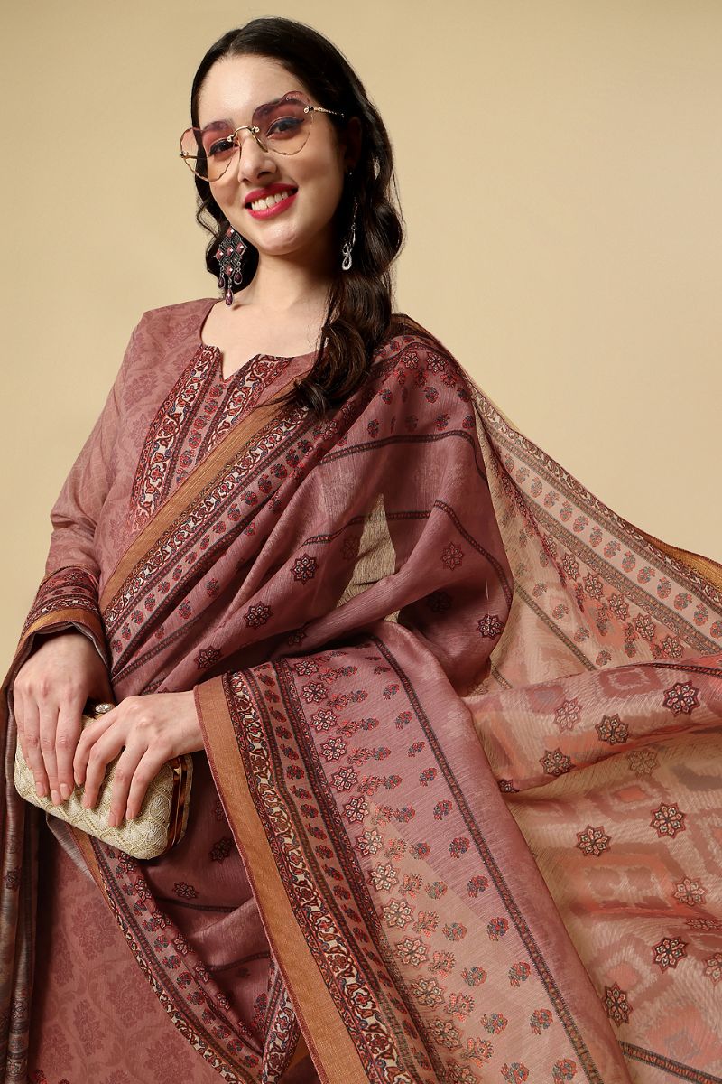 Brown Chanderi Silk Digital Printed Unstitched Salwar Suit