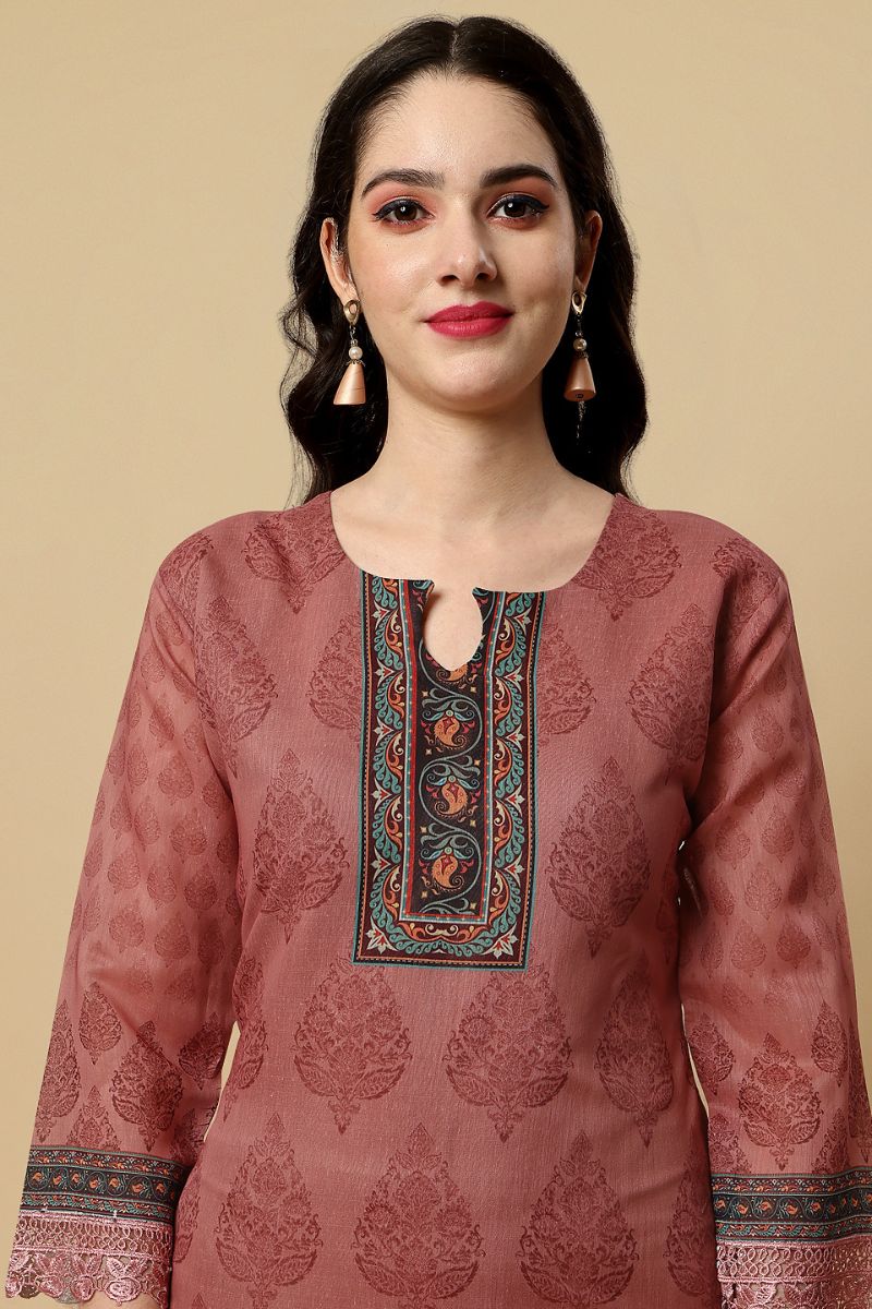 Dark Peach Chanderi Silk Digital Printed Unstitched Salwar Suit